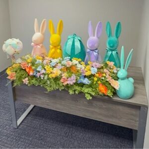 Pastel Bunny Floral Centerpiece in Turquoise, Yellow & Lavender